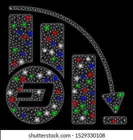 Bright mesh Dashcoin falling acceleration chart with glare effect. White wire carcass polygonal mesh in vector format on a black background. Abstract 2d mesh designed with polygonal grid, round dots,