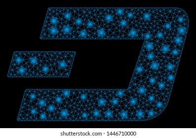 Bright mesh Dashcoin with lightspot effect. Abstract illuminated model of Dashcoin icon. Shiny wire frame polygonal network Dashcoin abstraction in vector format on a black background.