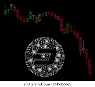 Bright mesh Dashcoin panic fall chart with glow effect. Abstract illuminated model of Dashcoin panic fall chart icon.