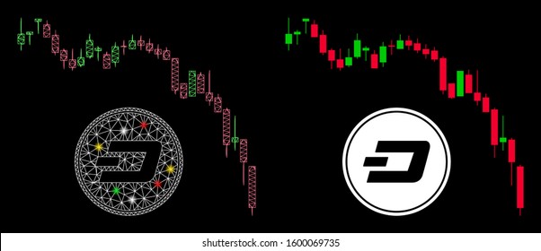 Bright mesh Dashcoin panic fall chart icon with sparkle effect. Abstract illuminated model of Dashcoin panic fall chart. Shiny wire frame triangular mesh Dashcoin panic fall chart icon.