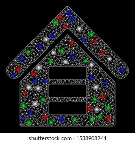 Bright mesh data center building with glare effect. White wire carcass triangular mesh in vector format on a black background. Abstract 2d mesh designed with triangular lines, round dots,