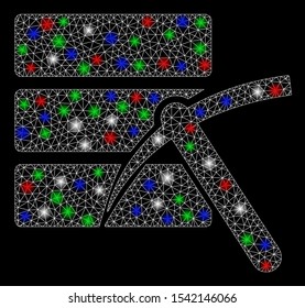 Bright mesh data mining with glare effect. White wire frame polygonal mesh in vector format on a black background. Abstract 2d mesh designed with polygonal grid, round dots, colored light spots.