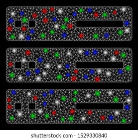 Bright mesh data storage with glare effect. White wire frame polygonal mesh in vector format on a black background. Abstract 2d mesh designed with polygonal grid, dots, colored flash spots.