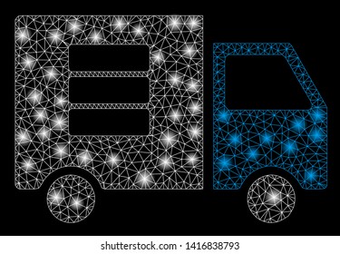 Bright mesh data transfer van with lightspot effect. Abstract illuminated model of data transfer van icon.