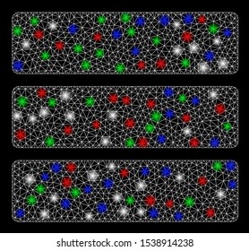 Bright mesh database with glare effect. White wire frame triangular mesh in vector format on a black background. Abstract 2d mesh built from triangular lines, points, colorful glare spots.