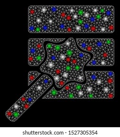 Bright mesh database wizard with glare effect. White wire carcass polygonal mesh in vector format on a black background. Abstract 2d mesh designed with triangles, dots, colored flash spots.