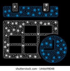 Bright mesh date and time with glare effect. Abstract illuminated model of date and time icon. Shiny wire frame polygonal mesh date and time abstraction in vector format on a black background.