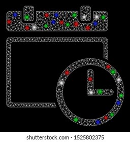 Bright mesh date and time with glare effect. White wire carcass polygonal network in vector format on a black background. Abstract 2d mesh designed with polygonal grid, points, colorful flash spots.