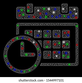 Bright mesh date and time with glare effect. White wire frame triangular network in vector format on a black background. Abstract 2d mesh designed with triangular lines, dots, colored flare spots.