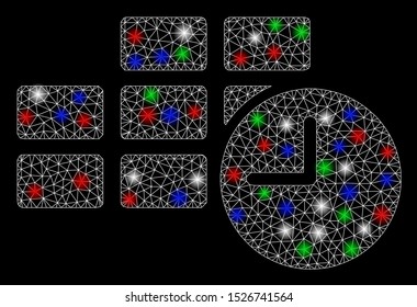 Bright mesh date time with glow effect. White wire frame triangular mesh in vector format on a black background. Abstract 2d mesh designed with triangular lines, spheric points, colorful light spots.