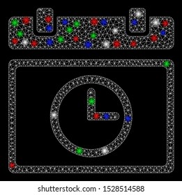 Bright mesh date time with glow effect. White wire frame polygonal mesh in vector format on a black background. Abstract 2d mesh built from polygonal grid, round dots, colorful flare spots.