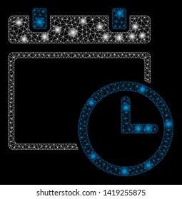 Bright mesh date and time with lightspot effect. Abstract illuminated model of date and time icon. Shiny wire carcass polygonal mesh date and time abstraction in vector format on a black background.