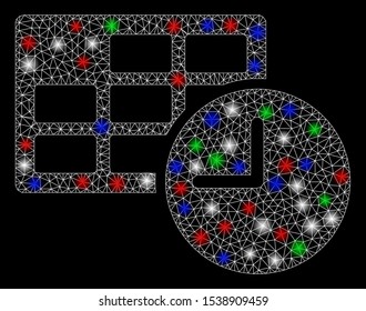 Bright mesh date and time with lightspot effect. White wire carcass triangular mesh in vector format on a black background. Abstract 2d mesh designed with triangular lines, spheric points,