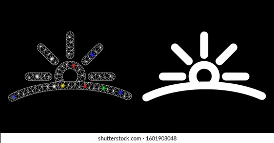 Bright mesh dawn icon with glare effect. Abstract illuminated model of dawn. Shiny wire carcass polygonal mesh dawn icon. Vector abstraction on a black background.