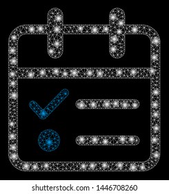 Bright mesh day tasklist with lightspot effect. Abstract illuminated model of day tasklist icon. Shiny wire frame polygonal network day tasklist abstraction in vector format on a black background.