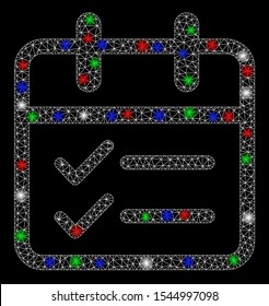 Bright mesh day tasks with glare effect. White wire frame triangular mesh in vector format on a black background. Abstract 2d mesh built from triangular lines, small circle, colorful glare spots.