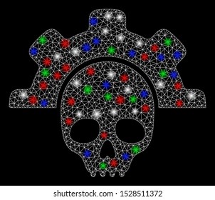 Bright mesh dead tools with glare effect. White wire frame triangular network in vector format on a black background. Abstract 2d mesh designed with triangles, dots, colorful glare spots.
