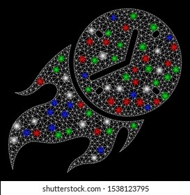 Bright mesh deadline fire with glow effect. White wire carcass triangular network in vector format on a black background. Abstract 2d mesh designed with triangular lines, round dots,