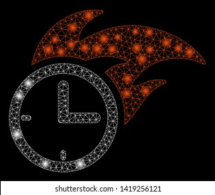 Bright mesh deadline fired clock with glow effect. Abstract illuminated model of deadline fired clock icon.