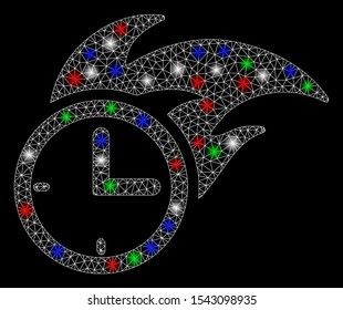Bright mesh deadline fired clock with glare effect. White wire carcass triangular mesh in vector format on a black background. Abstract 2d mesh designed with triangular lines, round dots,