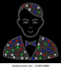 Bright mesh dealer with glow effect. White wire frame triangular network in vector format on a black background. Abstract 2d mesh designed with triangular lines, round dots, colorful flash spots.