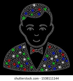 Bright mesh dealer with lightspot effect. White wire carcass triangular mesh in vector format on a black background. Abstract 2d mesh designed with triangular lines, round dots, colored glare spots.
