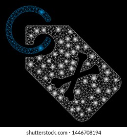 Bright mesh death bones tag with glare effect. Abstract illuminated model of death bones tag icon. Shiny wire frame polygonal mesh death bones tag abstraction in vector format on a black background.