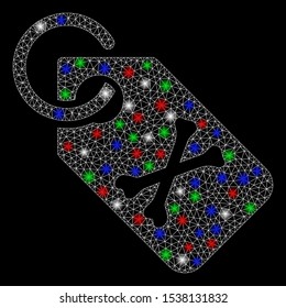 Bright mesh death bones tag with glare effect. White wire frame triangular mesh in vector format on a black background. Abstract 2d mesh designed with polygonal grid, dots, colorful flash spots.