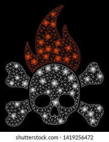 Bright mesh death fire with glare effect. Abstract illuminated model of death fire icon. Shiny wire frame triangular mesh death fire abstraction in vector format on a black background.