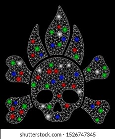 Bright mesh death fire with glare effect. White wire frame polygonal mesh in vector format on a black background. Abstract 2d mesh designed with triangles, round dots, colorful glare spots.