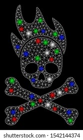 Bright mesh death fire with glare effect. White wire frame polygonal mesh in vector format on a black background. Abstract 2d mesh designed with triangular lines, dots, colored glare spots.