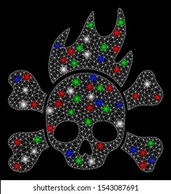 Bright mesh death fire with glare effect. White wire carcass polygonal mesh in vector format on a black background. Abstract 2d mesh created from polygonal grid, spheric points, colored glare spots.