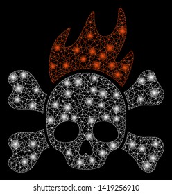 Bright mesh death fire with glow effect. Abstract illuminated model of death fire icon. Shiny wire carcass polygonal mesh death fire abstraction in vector format on a black background.