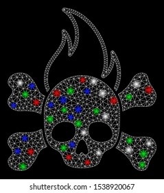 Bright mesh death fire with glow effect. White wire carcass polygonal mesh in vector format on a black background. Abstract 2d mesh designed with polygonal grid, points, colored glare spots.