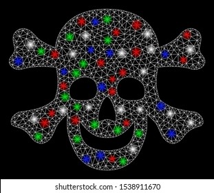 Bright mesh death with glow effect. White wire carcass polygonal mesh in vector format on a black background. Abstract 2d mesh designed with polygonal grid, points, colorful light spots.