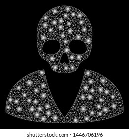 Bright mesh death man with glare effect. Abstract illuminated model of death man icon. Shiny wire carcass polygonal mesh death man abstraction in vector format on a black background.