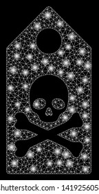 Bright mesh death mark with lightspot effect. Abstract illuminated model of death mark icon. Shiny wire frame triangular mesh death mark abstraction in vector format on a black background.