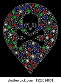 Bright mesh death marker with glare effect. White wire frame polygonal mesh in vector format on a black background. Abstract 2d mesh designed with polygonal grid, round dots, colored light spots.