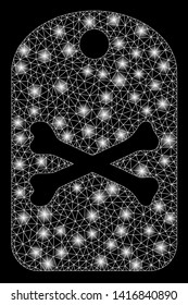 Bright mesh death tag with glare effect. Abstract illuminated model of death tag icon. Shiny wire carcass polygonal mesh death tag abstraction in vector format on a black background.