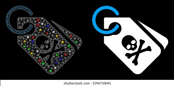 Bright mesh death tags icon with glitter effect. Abstract illuminated model of death tags. Shiny wire carcass triangular mesh death tags icon. Vector abstraction on a black background.