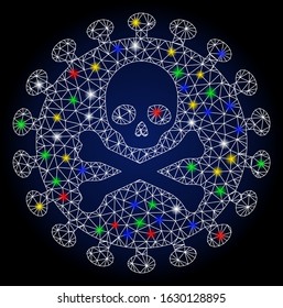 Bright mesh death virus with glow effect. Abstract illuminated model of death virus. Shiny wire frame triangular mesh death virus icon. Vector abstraction on a dark blue gradient background.