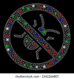 Bright mesh debugger with lightspot effect. White wire carcass triangular mesh in vector format on a black background. Abstract 2d mesh designed with triangular lines, round dots, colored flash spots.