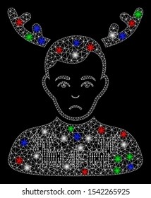 Bright mesh deers pullover horned husband with glare effect. White wire carcass triangular network in vector format on a black background. Abstract 2d mesh designed with triangular lines, points,
