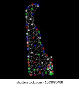 Bright mesh Delaware State map with lightspot effect. Wire frame polygonal mesh in vector format on a black background. Abstract 2d mesh designed with polygonal grid, dots, colorful flare spots.
