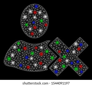 Bright mesh delete user with glare effect. White wire frame triangular network in vector format on a black background. Abstract 2d mesh designed with triangles, spheric points, colorful glare spots.