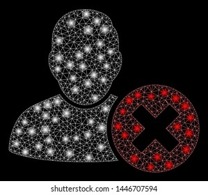 Bright mesh delete user with lightspot effect. Abstract illuminated model of delete user icon. Shiny wire frame polygonal mesh delete user abstraction in vector format on a black background.