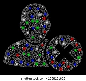 Bright mesh delete user with lightspot effect. White wire carcass triangular mesh in vector format on a black background. Abstract 2d mesh designed with triangular lines, round dots,