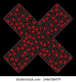 Bright mesh delete x-cross with glow effect. Abstract illuminated model of delete x-cross icon. Shiny wire frame polygonal mesh delete x-cross abstraction in vector format on a black background.