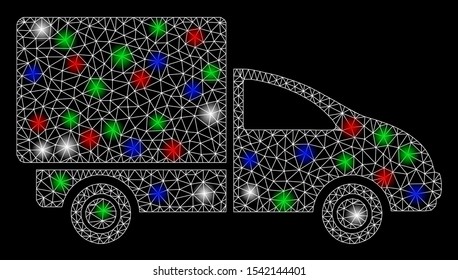 Bright mesh deliver with glow effect. White wire frame polygonal mesh in vector format on a black background. Abstract 2d mesh created from polygonal grid, small circle, colorful glare spots.