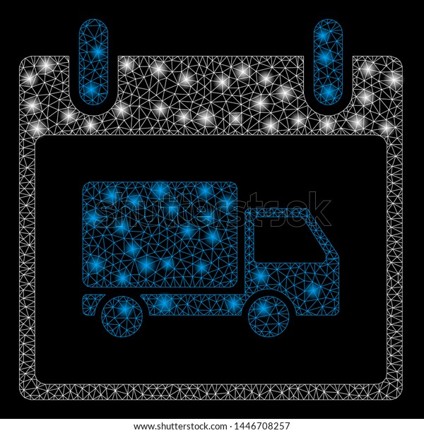 Bright mesh delivery car calendar day with\
lightspot effect. Abstract illuminated model of delivery car\
calendar day icon.
